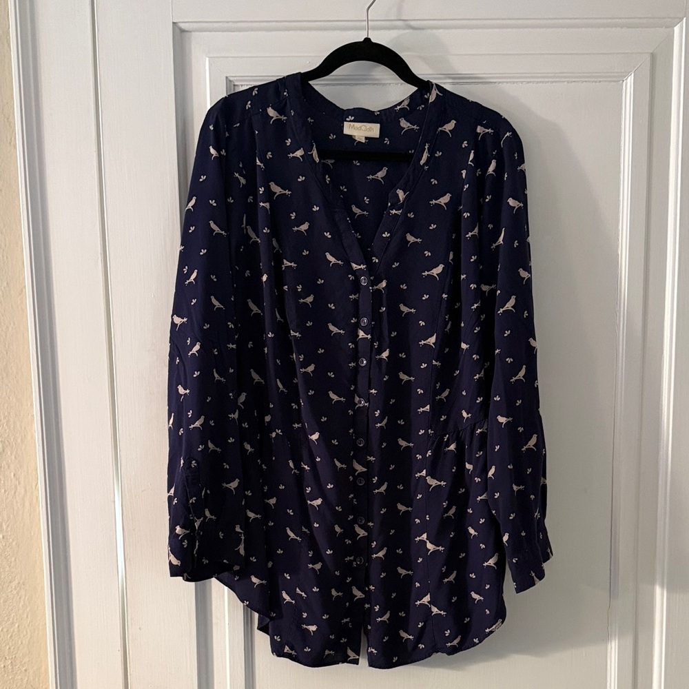 Modcloth Navy Blouse with Bird Print